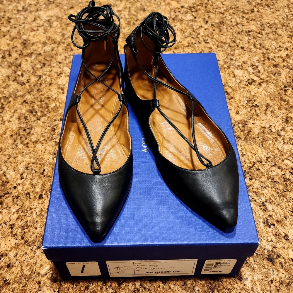 *FINAL PRICE* AQUAZURRA "Christy" Leather Ankle-Tie Ballet Flats - Black - 6.5